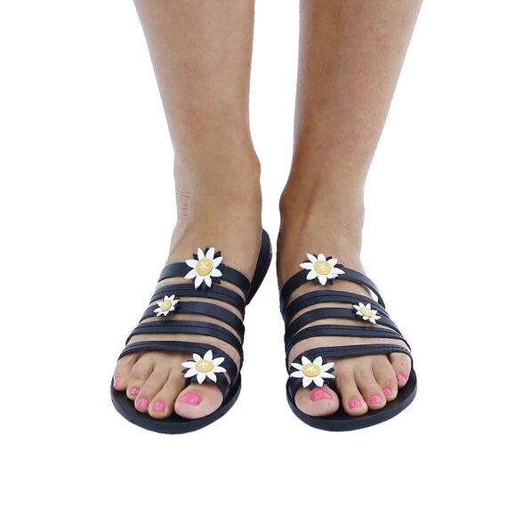 Ancient Greek NWOT Victoria Handmade Sandal. Black Leather with Flowers. Size 37 - Picture 1 of 8